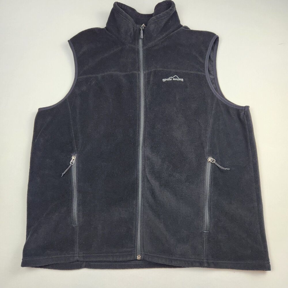 Eddie Bauer Vest Mens XL Black Fleece Full Zip Collared Outdoor Hiking Pockets